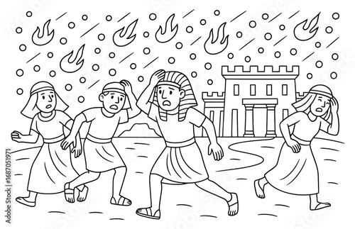 Dramatic hailstorm scene in ancient egypt with people fleeing