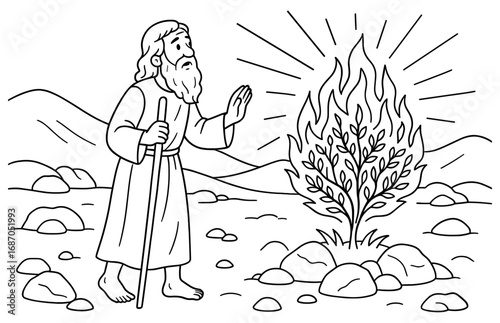 Moses and the burning bush scene in desert landscape for educational material and religious study