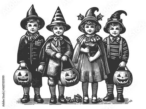 children dressed in Halloween costumes carrying candy bags while trick-or-treating sketch engraving generative ai fictional character vector illustration. Scratch board imitation. Black and white.