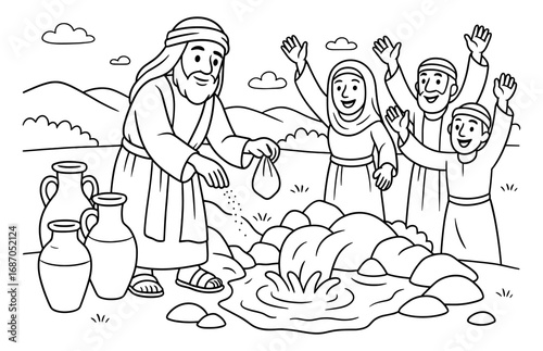 Biblical scene of elisha performing miracle at spring with joyful onlookers for coloring book design