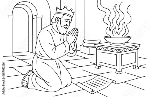 Hezekiah's temple prayer scene with king kneeling and scroll in ancient setting for religious art design