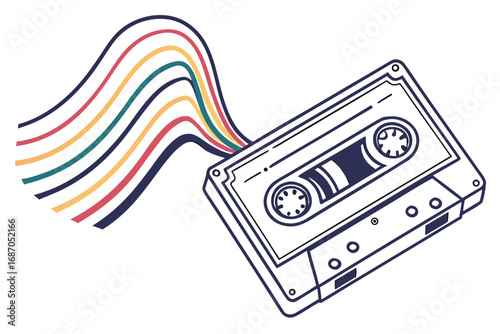 Vintage Cassette Tape Illustration with Colorful Audio Waves Streaming Out Retro Music Concept Audio Recording Media Nostalgic Era Artwork