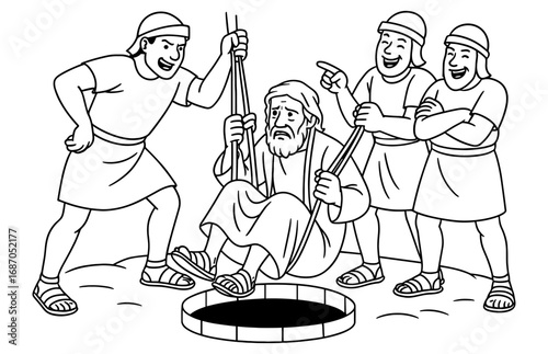 Biblical scene of jeremiah lowered into cistern amid challenge inspired by old testament stories for educational use