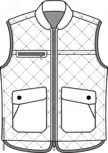 CAD drawing flat vector illustration of quilted sleeveless vest with utility pockets, zip front, fashion technical sketch, outerwear design