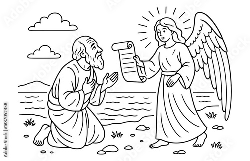 Angelic vision encounter at the seashore: apostle receives divine message for spiritual inspiration and reflection