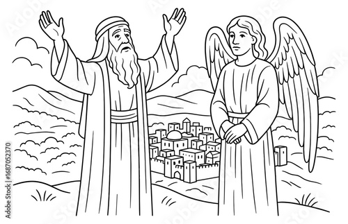 Biblical scene of abraham praying for sodom with angelic figure in ancient landscape design