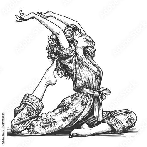 woman in a floral-patterned robe performing an elegant yoga stretch sketch engraving generative ai fictional character vector illustration. Scratch board imitation. Black and white image.