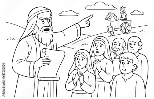 Biblical scene of samuel warning israelites with king approaching by chariot