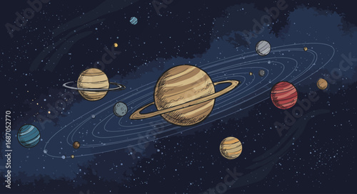 Artistic Illustration of a Colorful Solar System in Outer Space