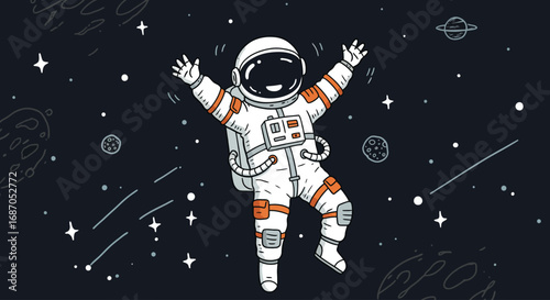 Hand-drawn illustration of a happy astronaut drifting through the cosmos