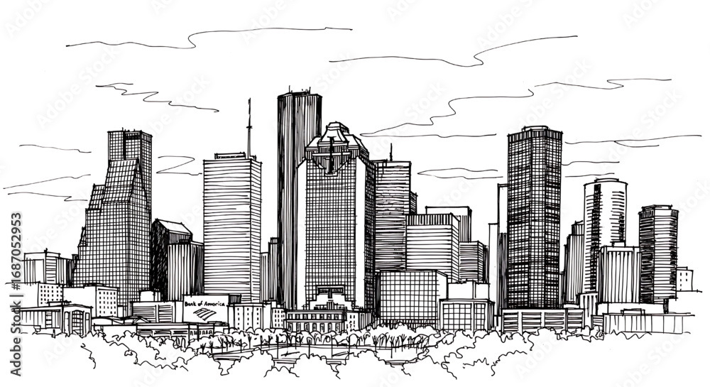 Obraz premium Black and white hand-drawn sketch of the Houston, Texas skyline. Detailed vector illustration of the modern architecture of this southern city.