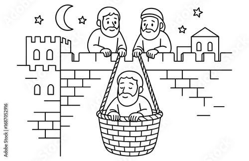 Biblical escape scene with saul in basket over city wall for inspirational design