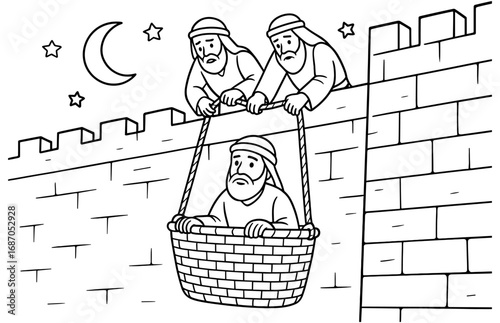 Biblical escape scene with saul in basket at night for religious design projects