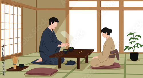A serene couple in traditional kimonos performing a Japanese matcha tea ceremony