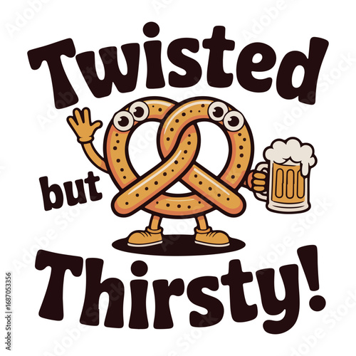 Oktoberfest and halloween theme a pretzel character holding a foamy mug with text twisted but thirsty on white tshirt design