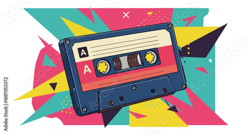 Retro Cassette Tape Art with Pop Culture Geometric Design Elements