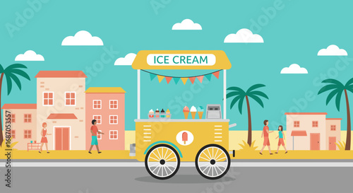Flat design illustration of a dessert cart on a sunny seaside street