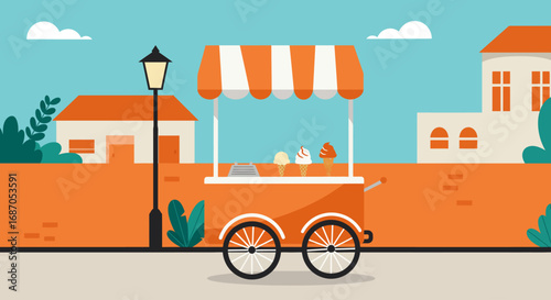 Charming Ice Cream Cart Offering Sweet Treats in a Quaint Urban Street Scene