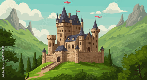Digital illustration of a majestic fairytale castle on a lush green hill
