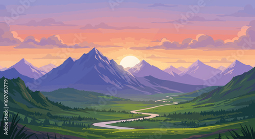 Serene Sunset Mountain Valley Landscape