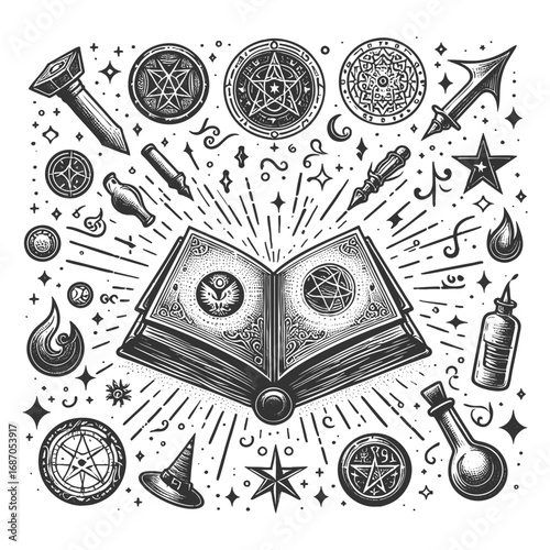 magical spellbook decorated with celestial symbols and a pentagram, glowing with mystical energy sketch engraving generative ai vector illustration. Scratch board imitation. Black and white image.