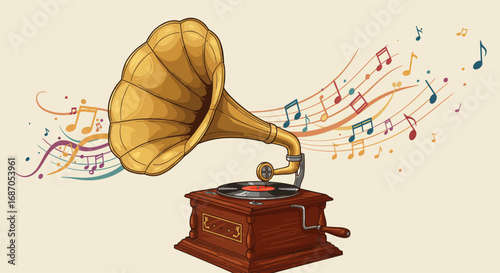 Vintage Gramophone Playing Music with Colorful Notes