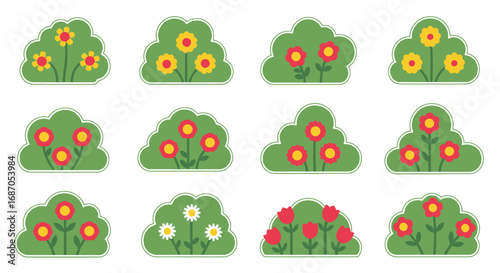 Blooming Garden Shrubs Vector Clip Art Illustration Set