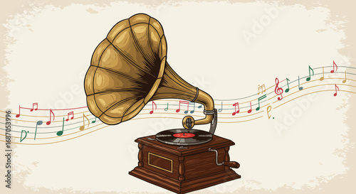 Vintage gramophone playing music on a background of musical notes