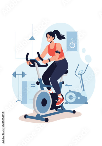 Healthy woman exercising on stationary bicycle at home gym