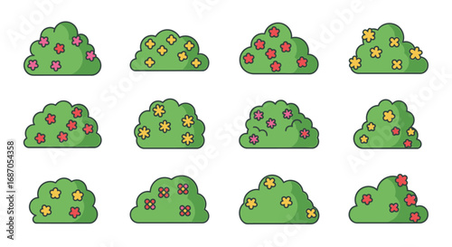 Cartoon Bushes Clipart Collection, Spring Blooming Floral Elements for Garden Design