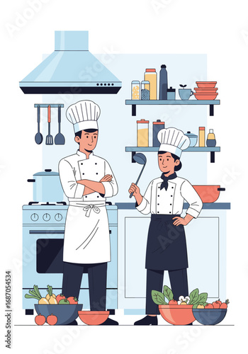 Two chefs working together in a professional kitchen environment