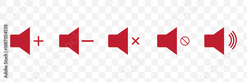 Speaker and Volume Control Icon Set – Sound On, Mute, and Audio Level Symbols for Media Player, App UI, and Web Interface – Vector and Transparent PNG