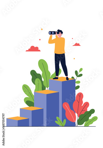 Man with binoculars standing on pedestal looking into the future vision