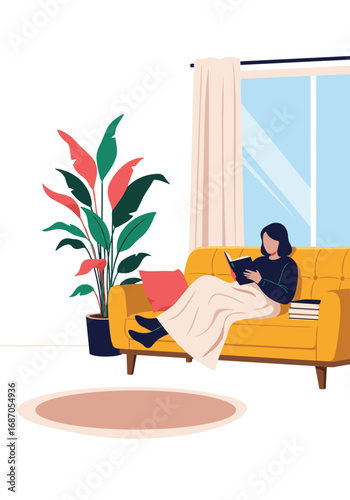 Cozy woman reading book on sofa covered with blanket next to houseplant and window