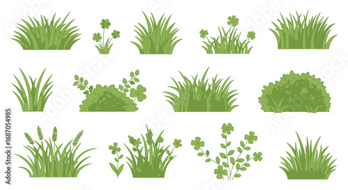 Green Grass and Clover Clumps Vector Illustration Set