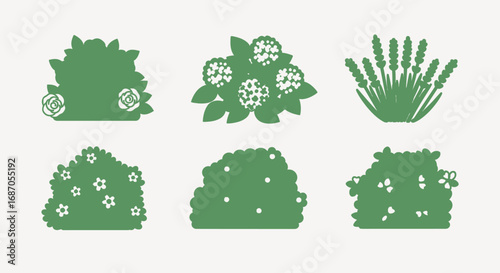 Green Bushes Set Silhouette, Various Shapes Flowerbed Elements