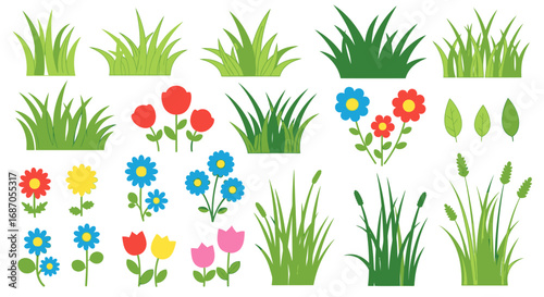 Cartoon grass tufts and colorful flowers vector set