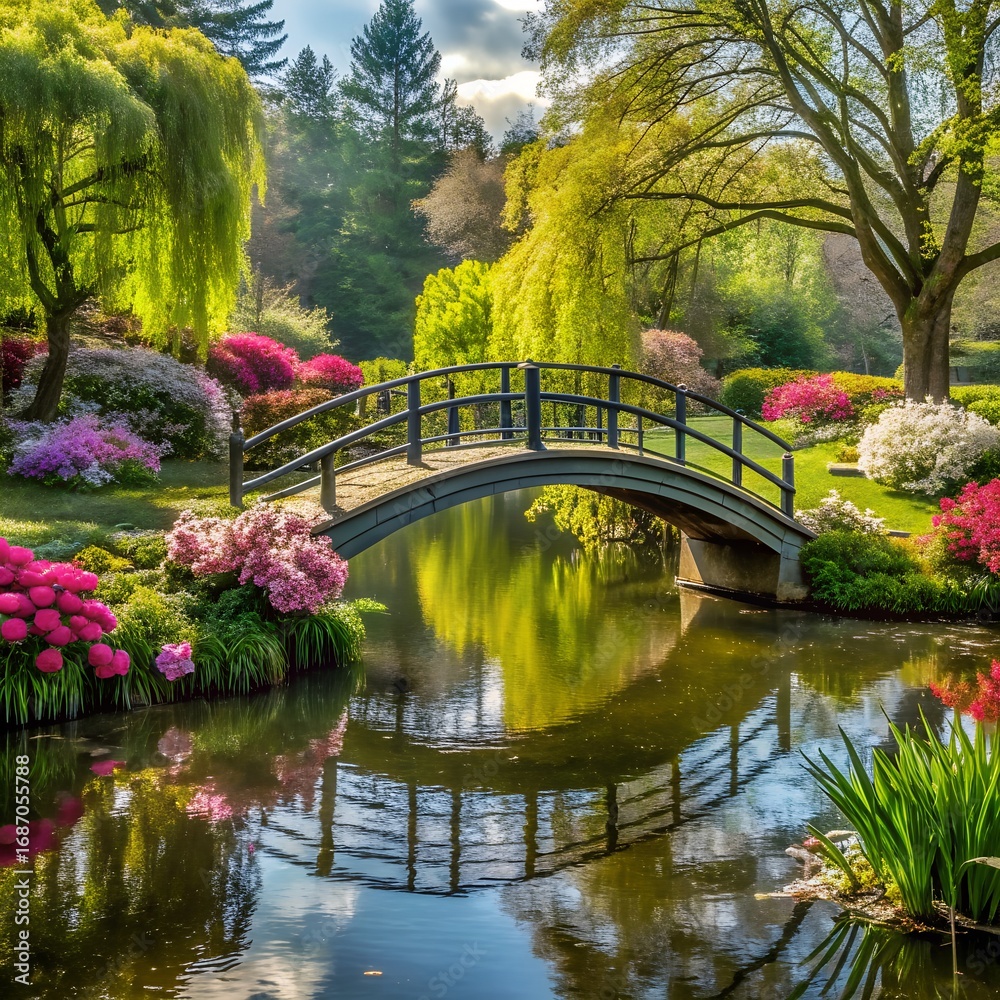 Fototapeta premium A serene garden with a bridge over a pond, surrounded by colorful azaleas and lush greenery in springtime