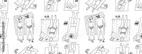 People in beach holiday, seamless pattern, summer vacation, lying on seashore, tanned, relaxing, realistic contour hand drawings, vector, background, paper, wallpaper
