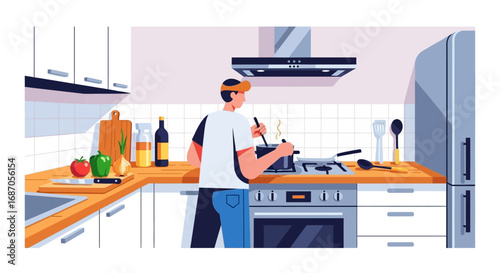 A man happily cooking a meal in a well-equipped kitchen with fresh ingredients on the counter