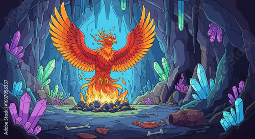Fiery Phoenix in a Crystal Cave A Vibrant Illustration of Rebirth and Mysticism