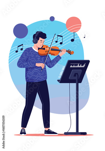 Young man playing violin with headphones and music notes