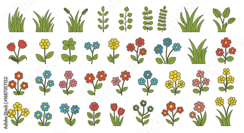 Floral Icons Fresh Spring Garden Cartoon Flowers and Grass