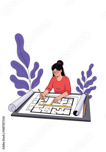 Woman architect focused on detailed floor plan design and drawing with tools