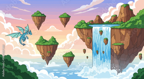 Dragon's Flight Over Fantasy Floating Islands with Waterfall and Clouds