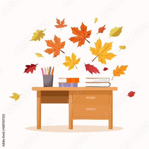 A wooden student desk with books and pencils, surrounded by colorful falling autumn leaves in a flat vector illustration.