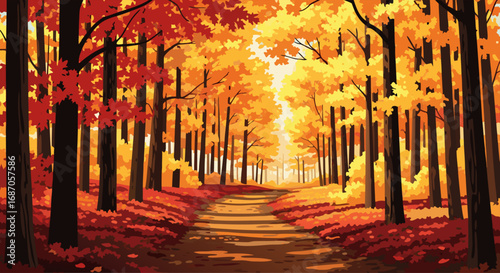 Autumnal Path Through a Vibrant Forest Capturing the Warmth and Beauty of Fall Foliage