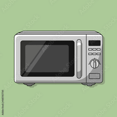 This sleek, contemporary silver microwave oven, an essential kitchen appliance, efficiently heats and cooks food, symbolizing modern domestic convenience.
