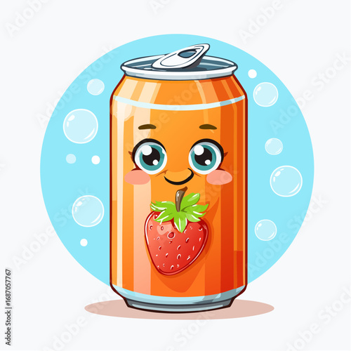 Cute cartoon orange soda can with a strawberry, featuring a happy face and bubbles in the background.
