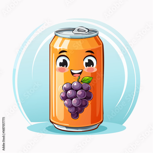A cheerful cartoon can of grape soda with a happy face and a bunch of grapes on its front.